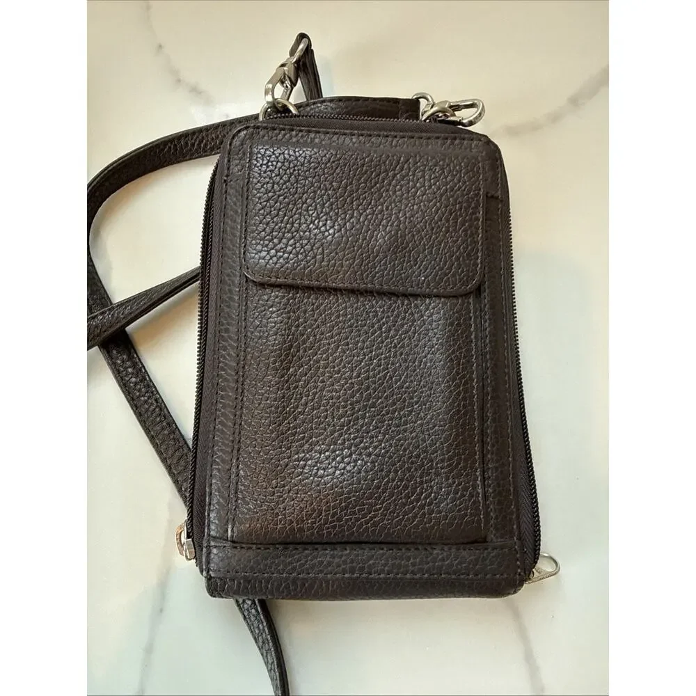Eddie Bauer Pebbled Brown Leather Crossbody Wallet Bi-fold Passport Men Travel